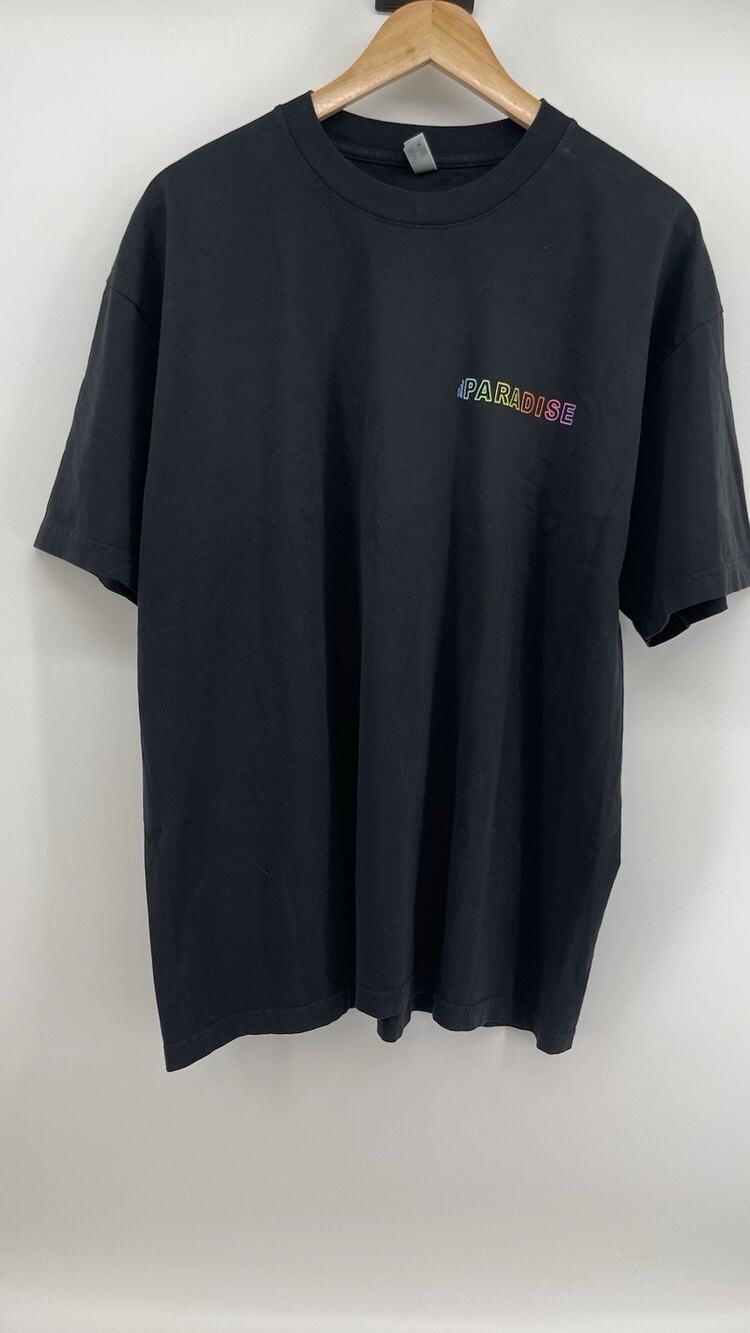 Vintage Y2K Paradise Graphic T-shirt Black Rainbow Print Street Wear Men Sz XL